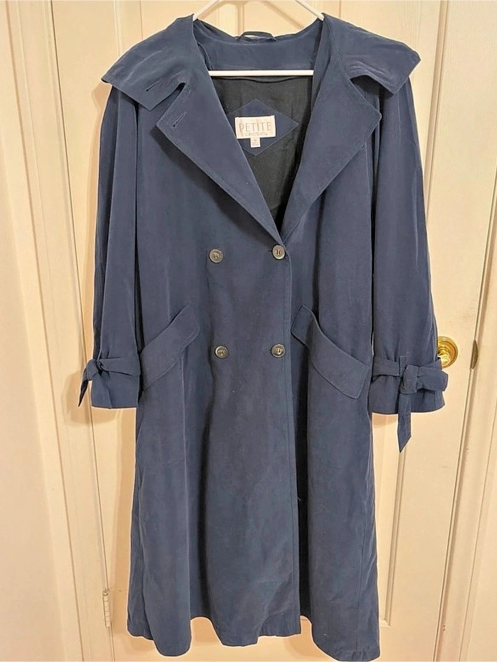 Petite Sophisticate Trench Coat Blue Size 10 Extra Long Dark Green Hooded Double
